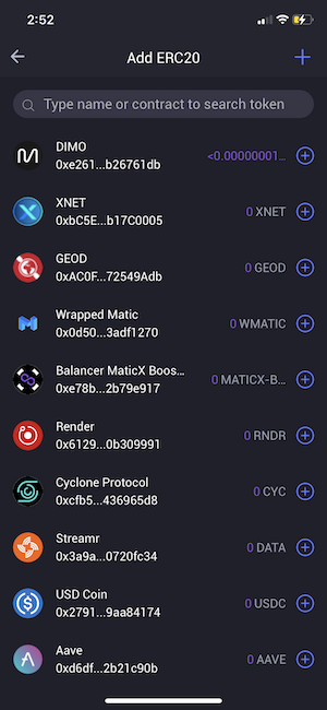 Step 3) Add DIMO by selecting it from the list of ERC20 tokens