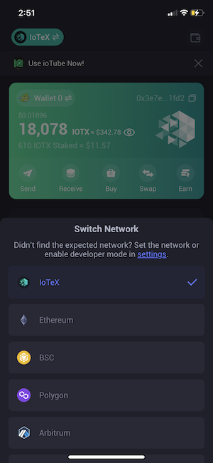 Log into your ioPay wallet and change the network from IoTeX over to Polygon